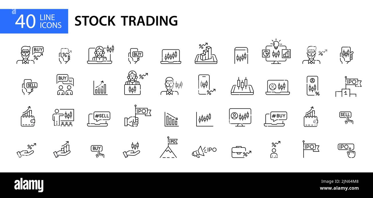 Stock trading and investing icons. Broker app interface, financial ...
