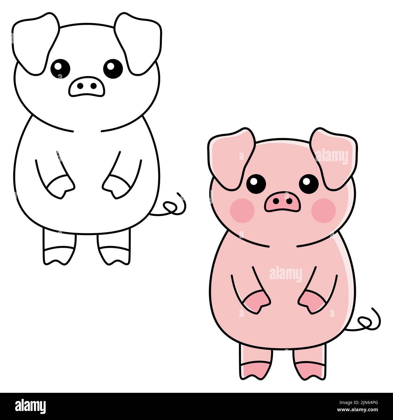 Black and white vs colored cute - Black And White Vs Colored Cute Pig Coloring Page Coloring Book For Preschool Kids With Easy Educational Game Level Cartoon Animal Sticker Simple 2JN64PG 