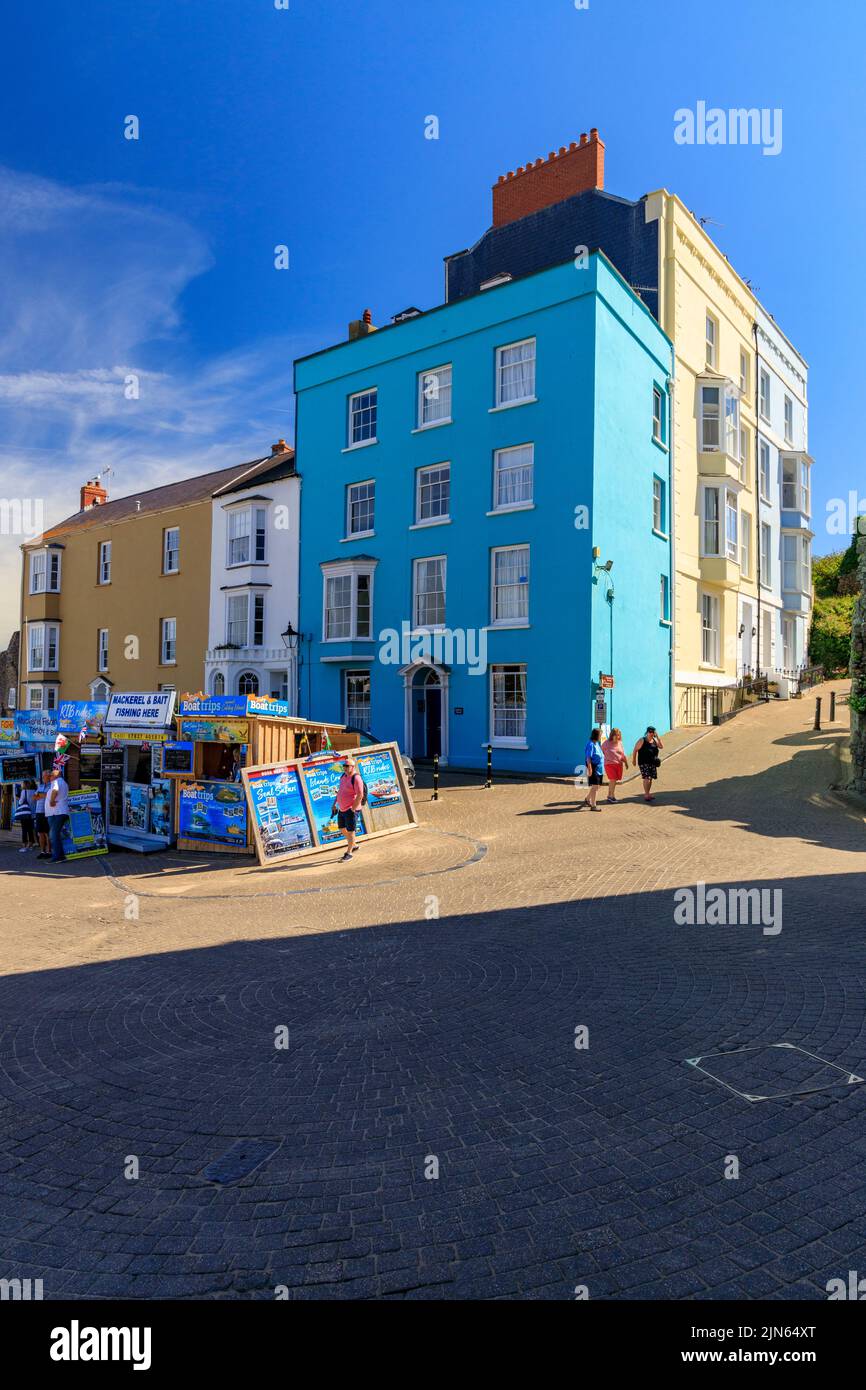 Colourful Georgian architecture at Castle Hill overlooking the harbour in Tenby, Pembrokeshire, Wales, UK Stock Photo