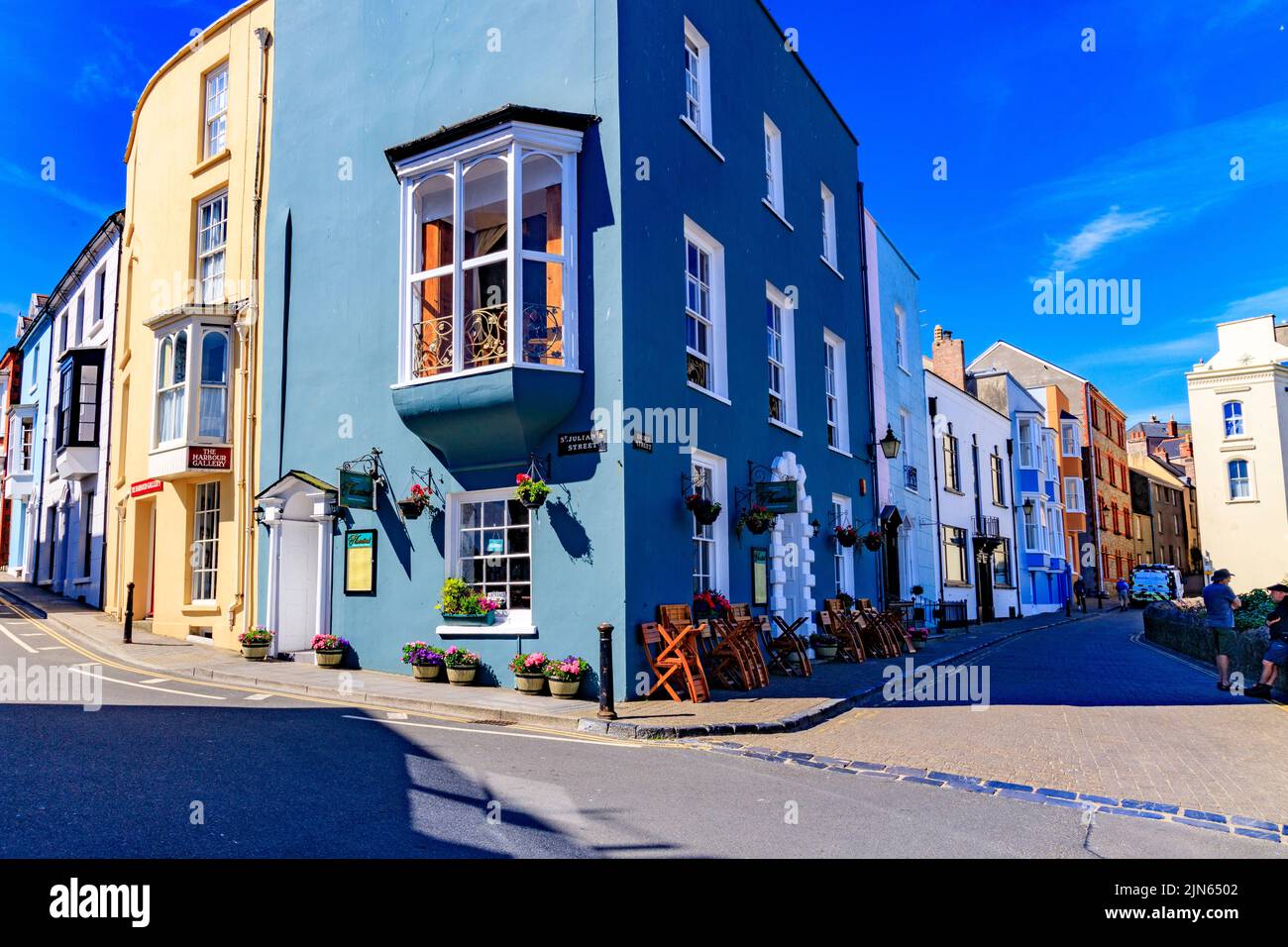 Colourful Georgian architecture at Castle Hill overlooking the harbour in Tenby, Pembrokeshire, Wales, UK Stock Photo