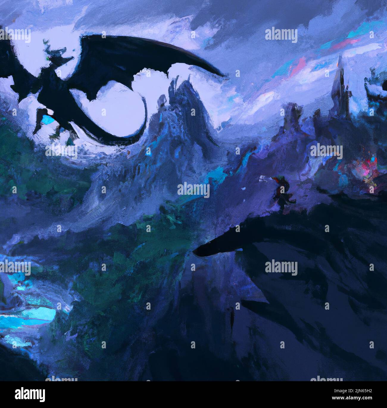 Wood dragon fantasy landscape digital illustration Stock
