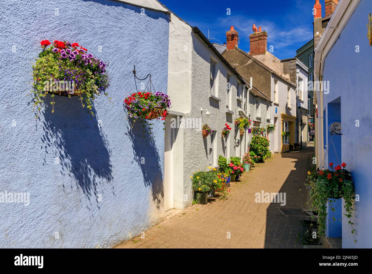 A row of colourful cottages with hanging baskets in Cob Lane, Tenby, Pembrokeshire, Wales, UK Stock Photo