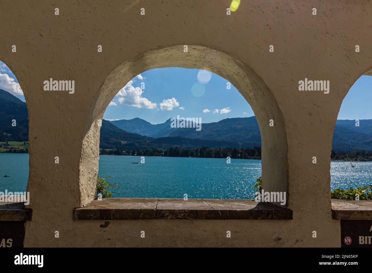 Archways looking over Wolfgansee lake from st wolfang town, Salzkammergut, Austria Stock Photo
