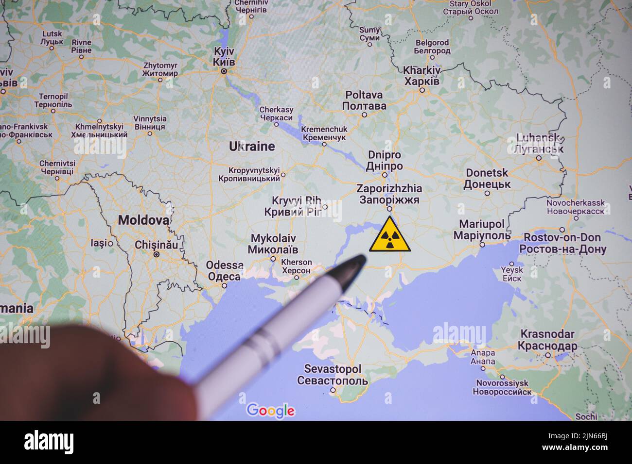 Zaporizhzhia nuclear power plant on map. The danger of nuclear leak and radiation. War in Ukraine Stock Photo