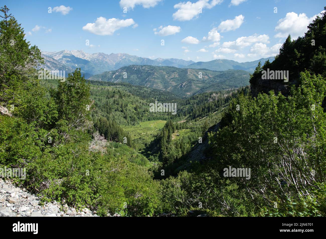 A panoramic view of a valley with beautiful trees and mountains in the ...