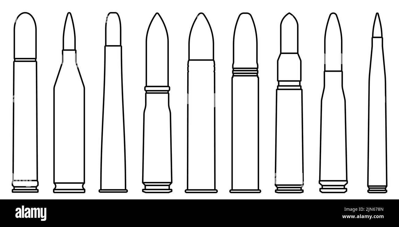 Bullet icons set. Cartridge icon in linear design. Military ammunition ...