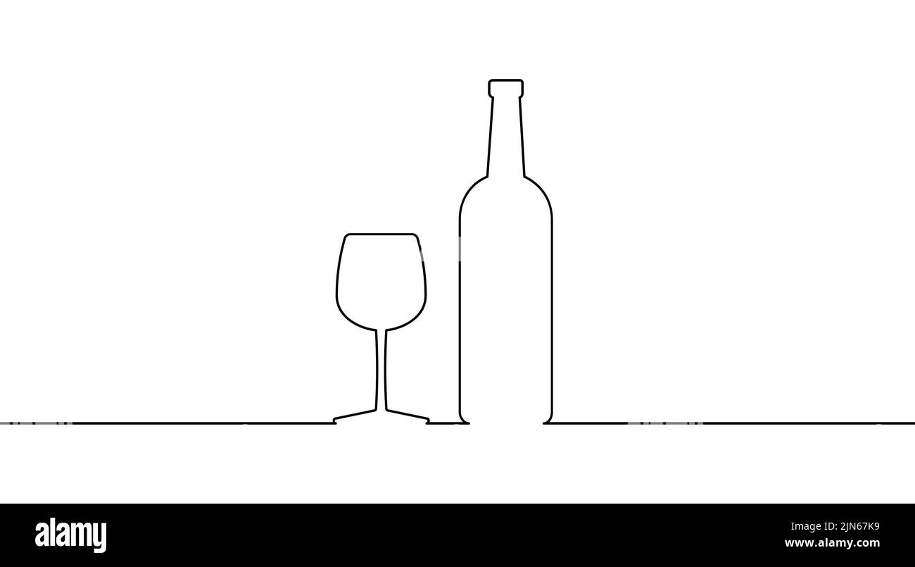 Wine bottle and wine glass drawing with one continuous line. One continuous line of a bottle and wine glass. Vector illustration. Stock Vector
