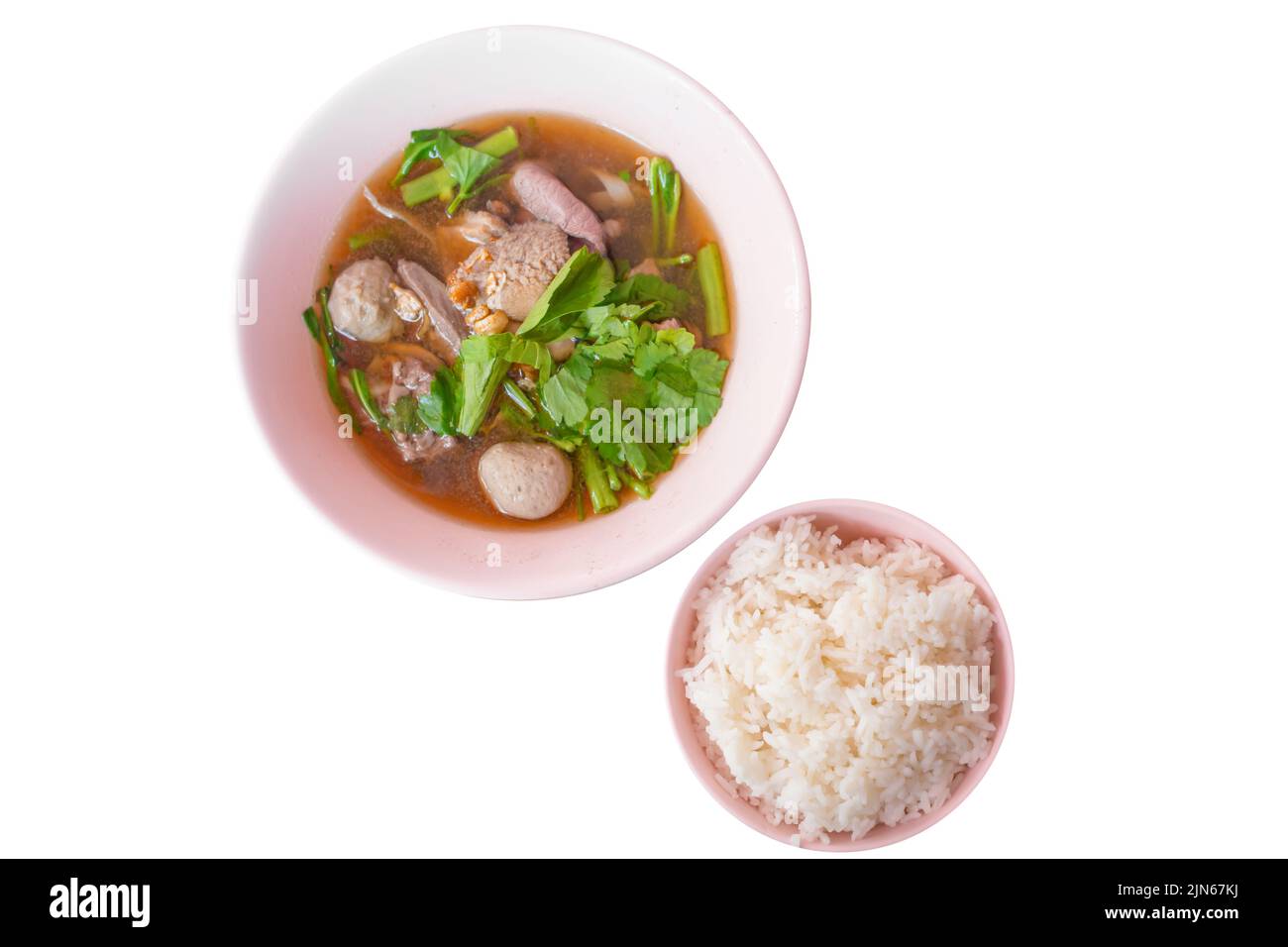 Die cut of Chinese clear soup and Beef noodle entrails and vegetables