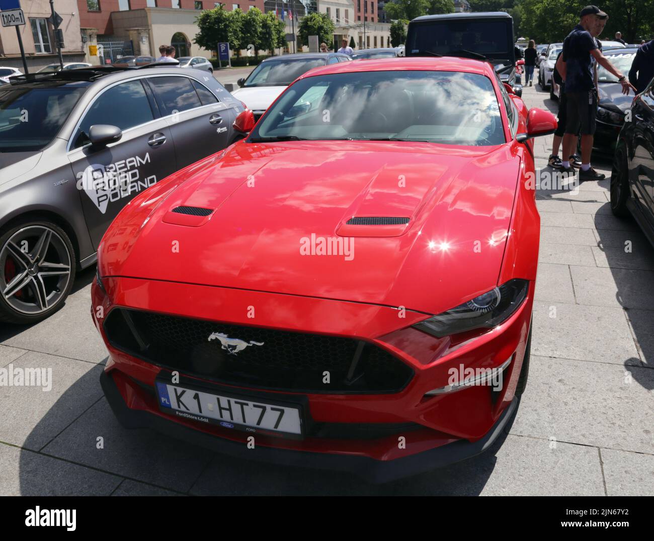 Cracow. Krakow. Poland. Red Ford Mustang, famous American sports car. Stock Photo