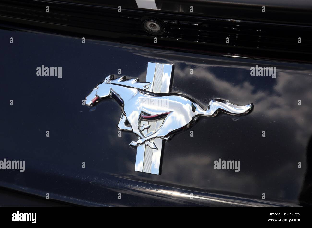 Cracow. Krakow. Poland. Ford Mustang galloping horse logo on the rear of the car. Stock Photo