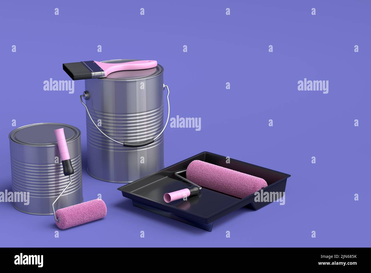 Set of metal cans or buckets with paint roller and tray for painting