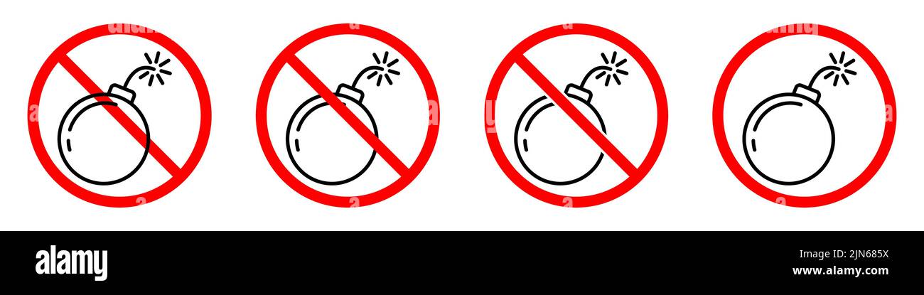 Exploding bombs prohibition sign. Bombs ban signs set. No explosion sign. Vector illustration. Stock Vector