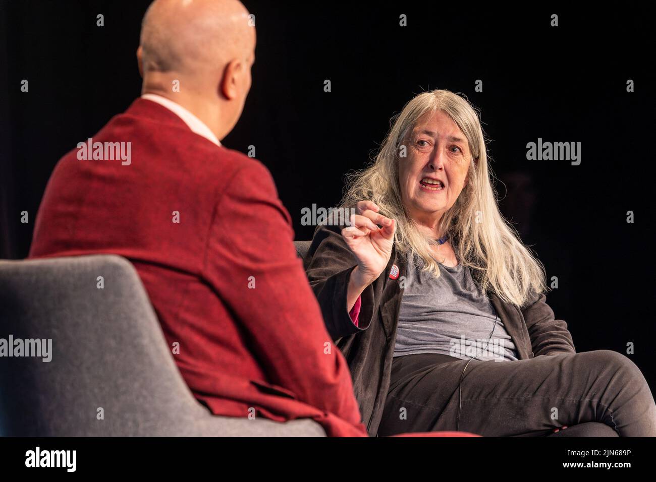 Edinburgh, United Kingdom. 09 August, 2022 Pictured: Professor Dame Mary Beard, one of Britain’s best-known Classicists, is interviewed by LBC’s Iain Dale at the Edinburgh Fringe Festival as part of the All Talk series of interviews by the broadcaster. During the interview, she admitted that the politicians of the Ancient World would look at their modern-day counterparts and recognise many of the same tactics at play. Credit: Rich Dyson/Alamy Live News Stock Photo