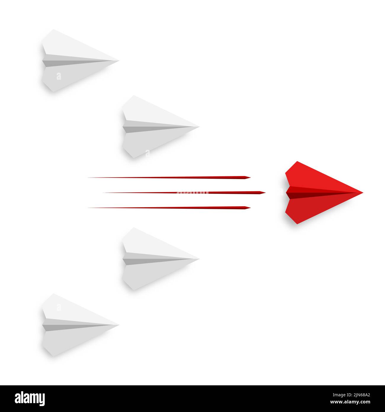 Flying paper airplanes. Red paper plane flies first. Vector illustration. Business or success concept icon. Stock Vector