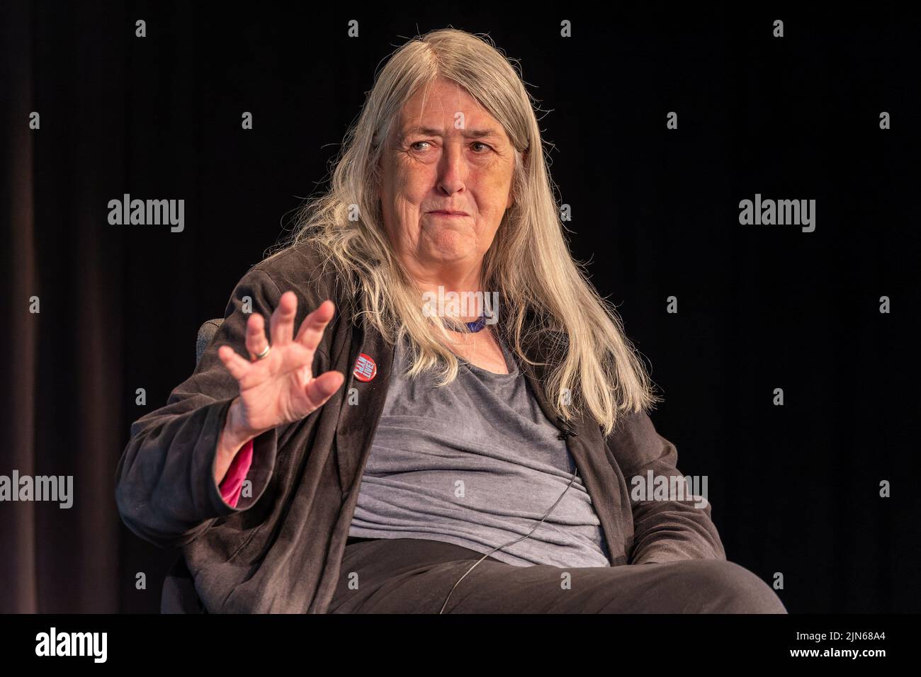 Edinburgh, United Kingdom. 09 August, 2022 Pictured: Professor Dame Mary Beard, one of Britain’s best-known Classicists, is interviewed by LBC’s Iain Dale at the Edinburgh Fringe Festival as part of the All Talk series of interviews by the broadcaster. During the interview, she admitted that the politicians of the Ancient World would look at their modern-day counterparts and recognise many of the same tactics at play. Credit: Rich Dyson/Alamy Live News Stock Photo