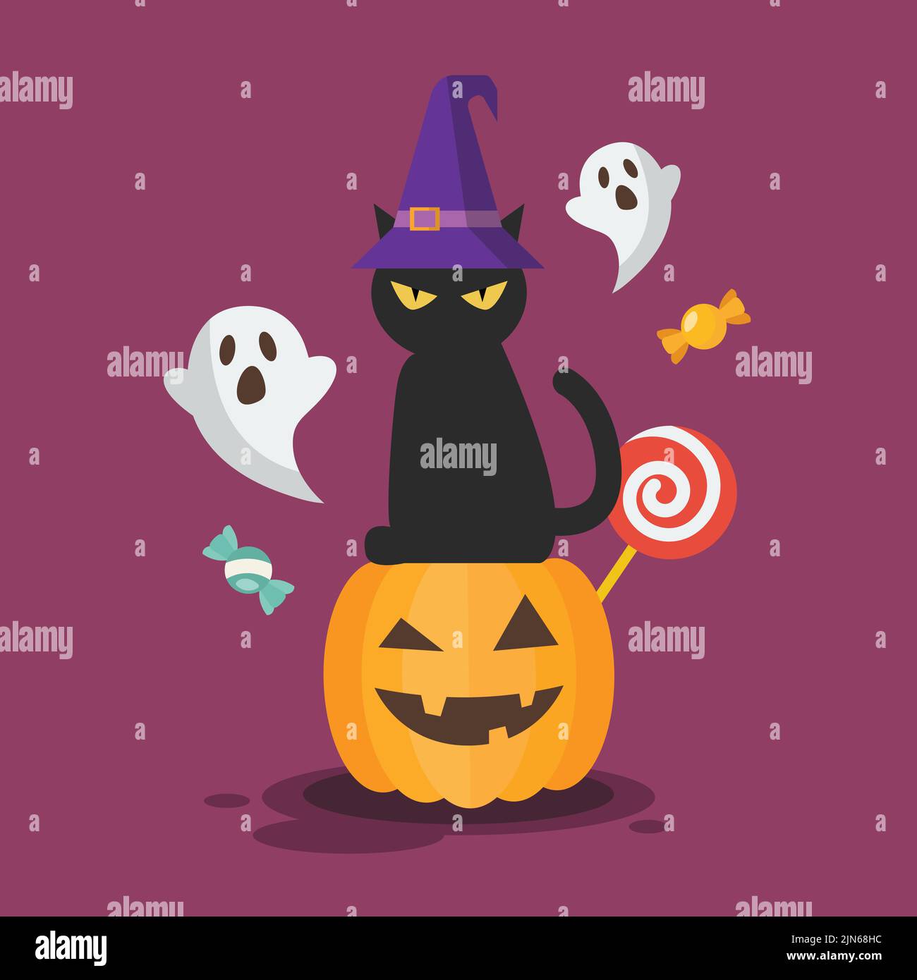 Black cat in a witch hat sitting on a Halloween pumpkin. Vector illustration Stock Vector