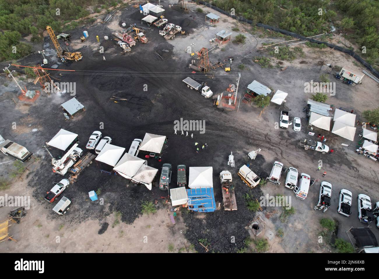 A general view shows the mine shaft of a coal mine that collapsed leaving miners trapped, in Sabinas, in Coahuila state, Mexico, August 9, 2022. Picture taken with a drone. REUTERS/Luis Cortes Stock Photo