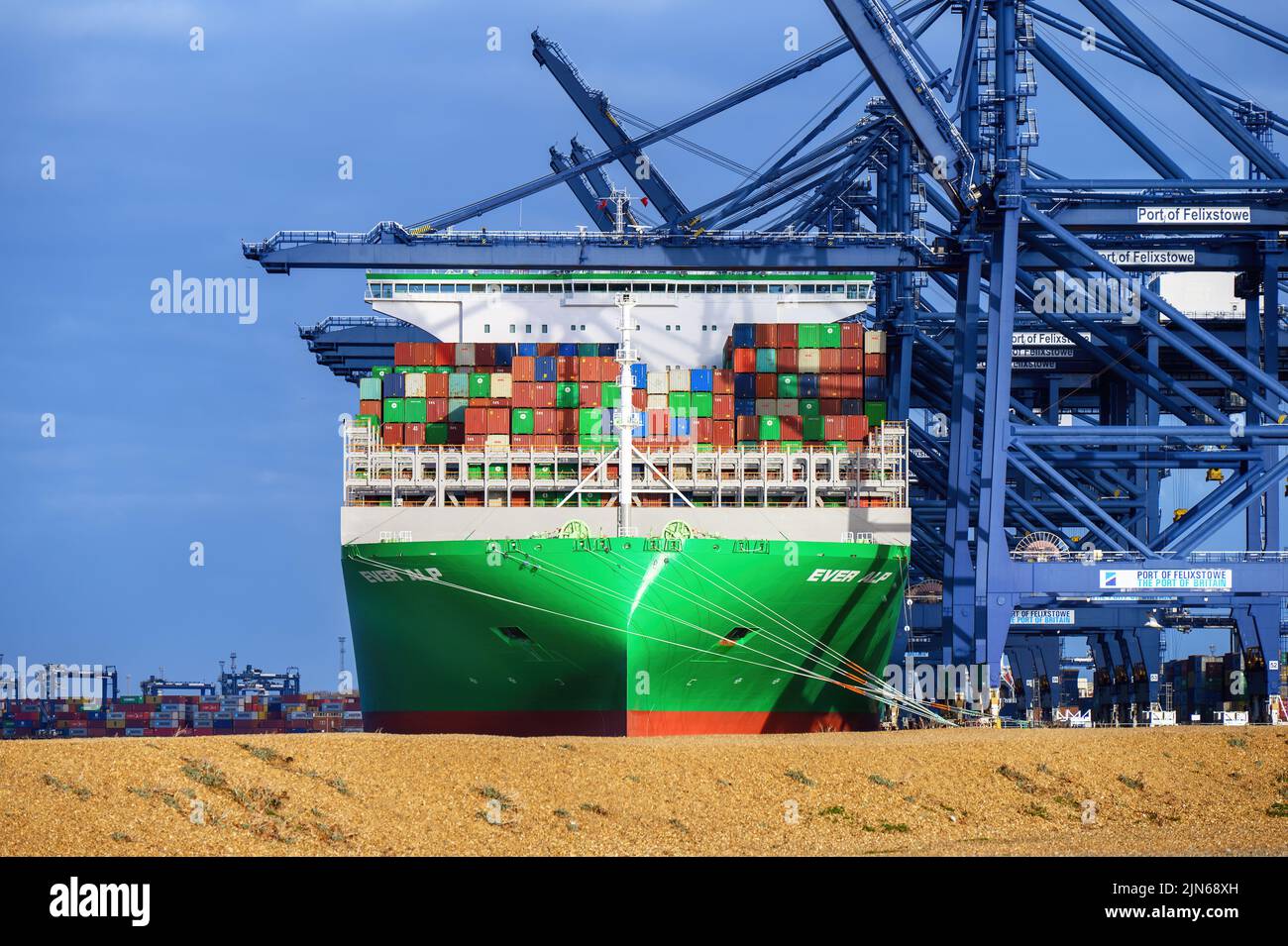 The ULCC container ship Ever Alp berthed at the Port of Felixstowe - January 2022. Stock Photo