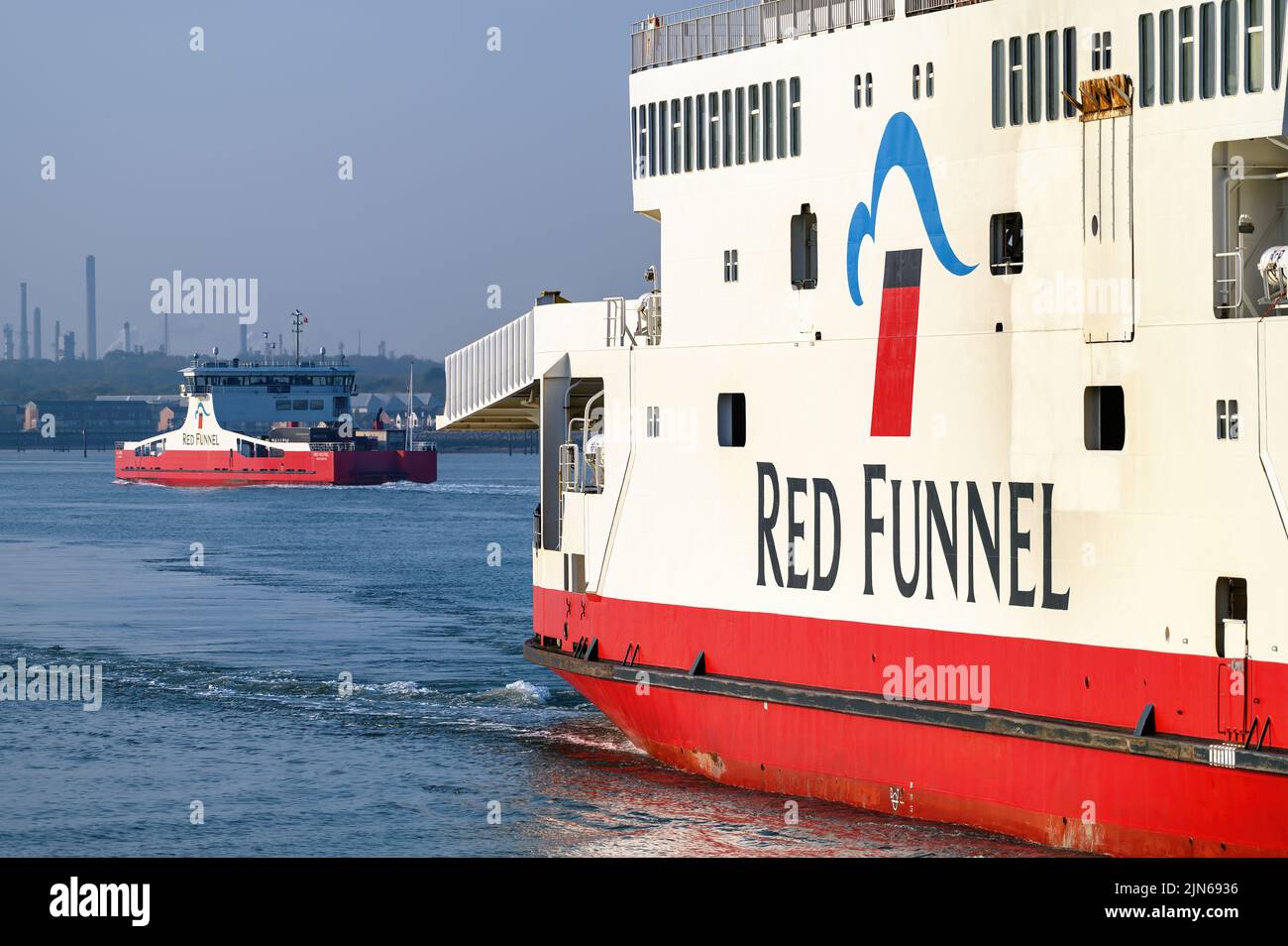 The Red Funnel ferries logo on the Isle of Wight ferry Red Eagle - April 2022. Stock Photo