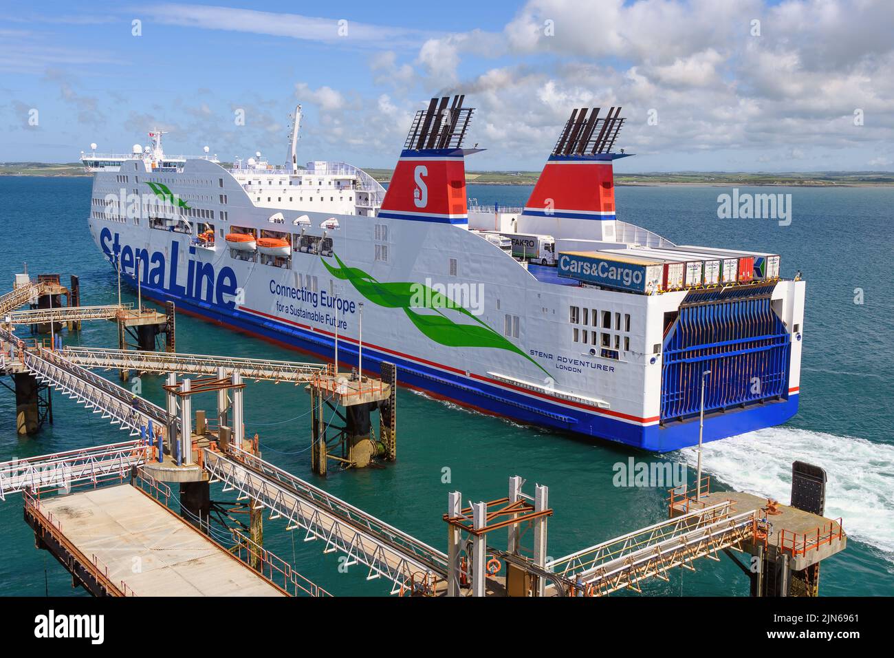 The Stena Line Irish Sea ferry Stena Adventurer departs the linkspan at the port of Holyhead - May 2022. Stock Photo
