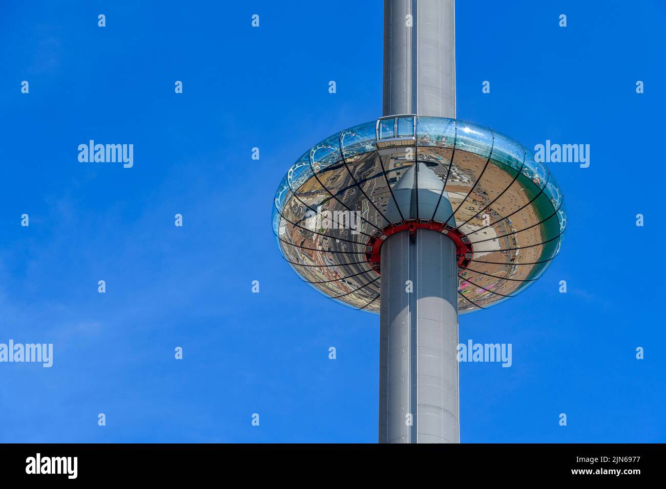 Closeups of Brighton's iconic British Airways i360 Viewing Tower. The curvaceous glass pod takes 10 minutes to gently rise the top of the 162m tower. Stock Photo