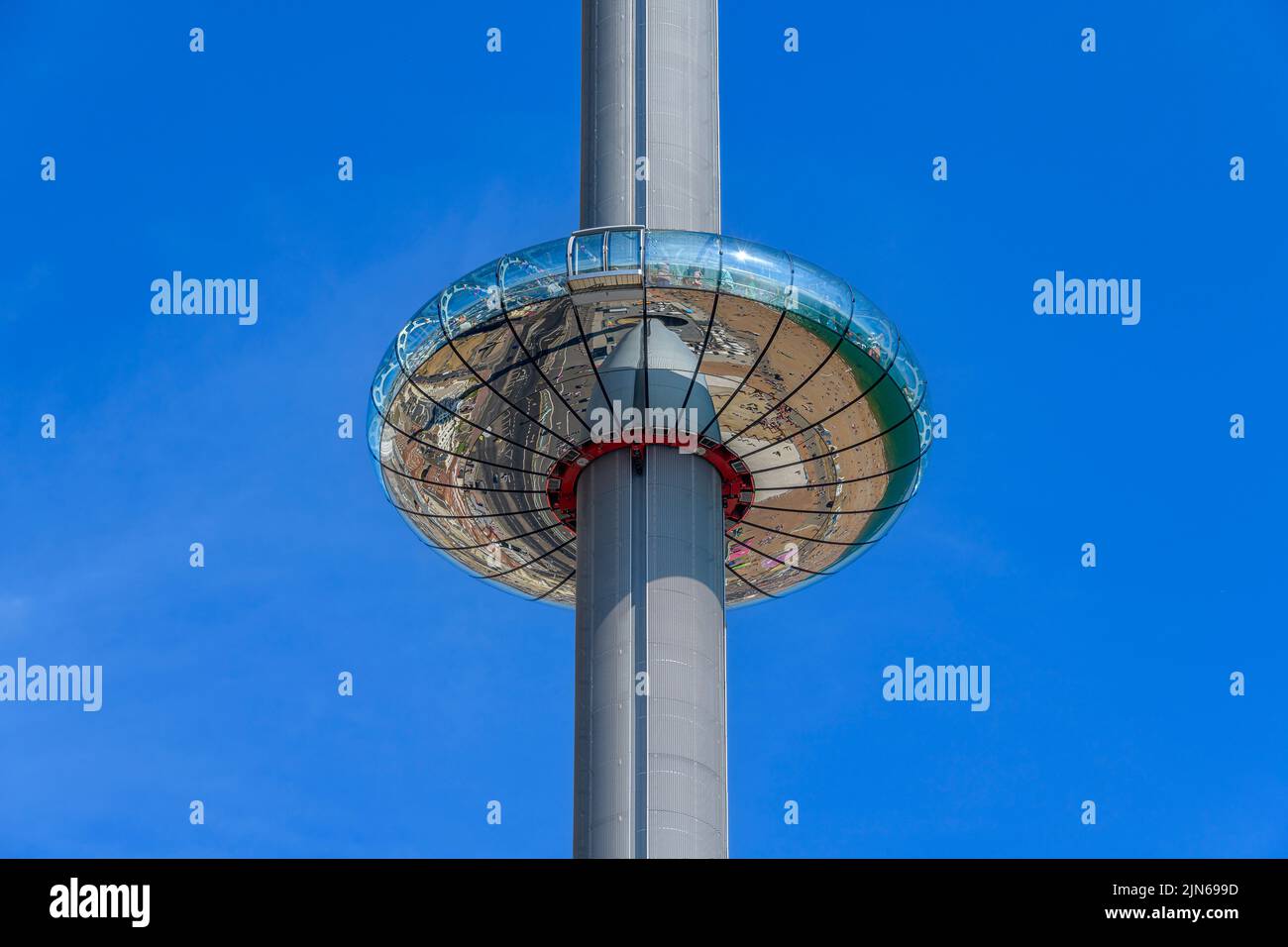 Closeups of Brighton's iconic British Airways i360 Viewing Tower. The curvaceous glass pod takes 10 minutes to gently rise the top of the 162m tower. Stock Photo