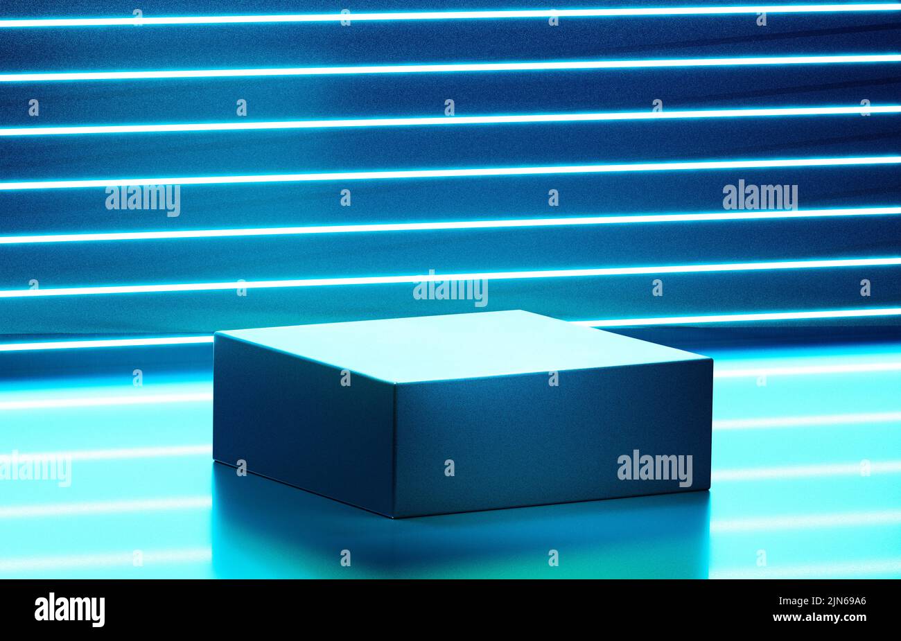 Neon blue cyber room with illuminated geometric cube podium spotlight with product space background. Stock Photo