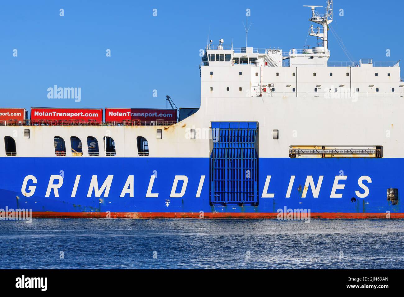View of the Grimaldi Lines brand logo on the cargo ship Eurocargo Bari - July 2022. Stock Photo