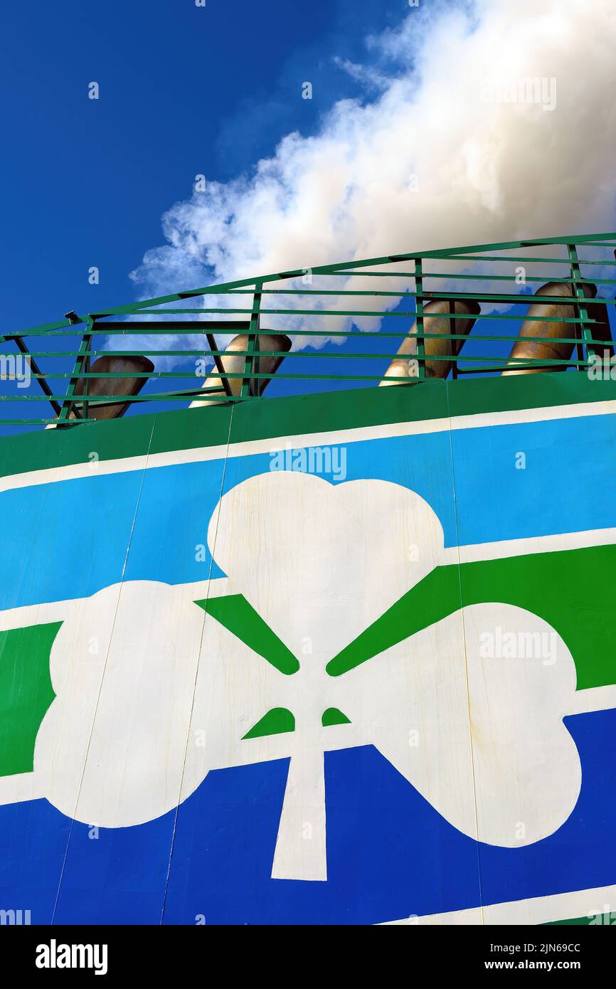 Portrait view of an Irish Ferries funnel logo on Ulysses  - May 2022. Stock Photo
