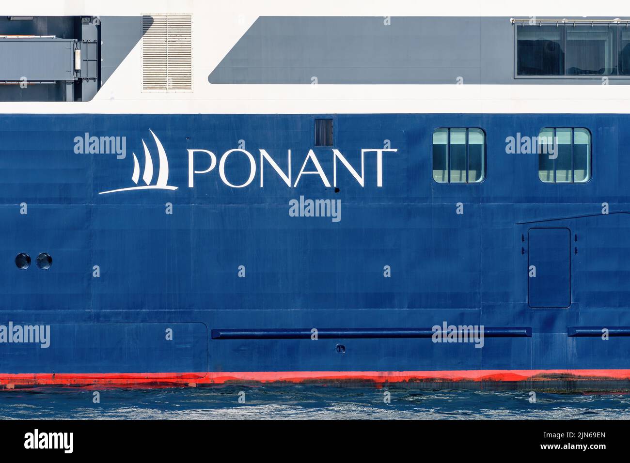 View of the Ponant logo on the cruise ship Le Bellot - May 2022. Stock Photo