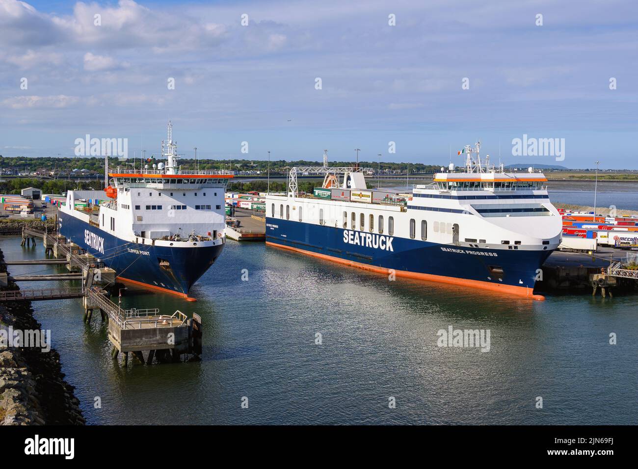 Seatruck Ro-Ro ferries at the Seatruck berths in the port of Dublin - May 2022. Stock Photo