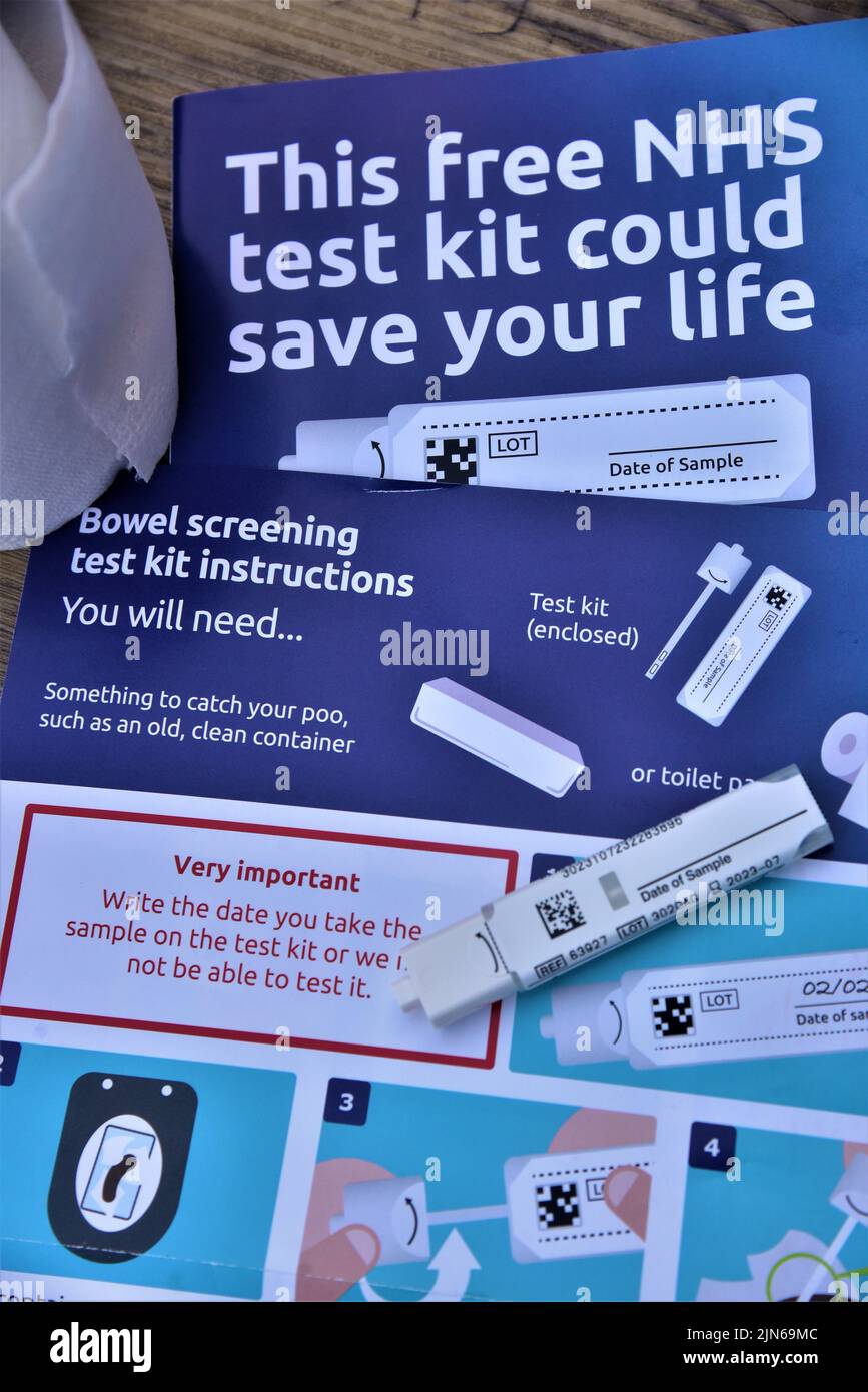 Bowel cancer is one of the most common cancers in Wales. Pictures show a free NHS bowel screening test kit provided by bowel screening wales Stock Photo