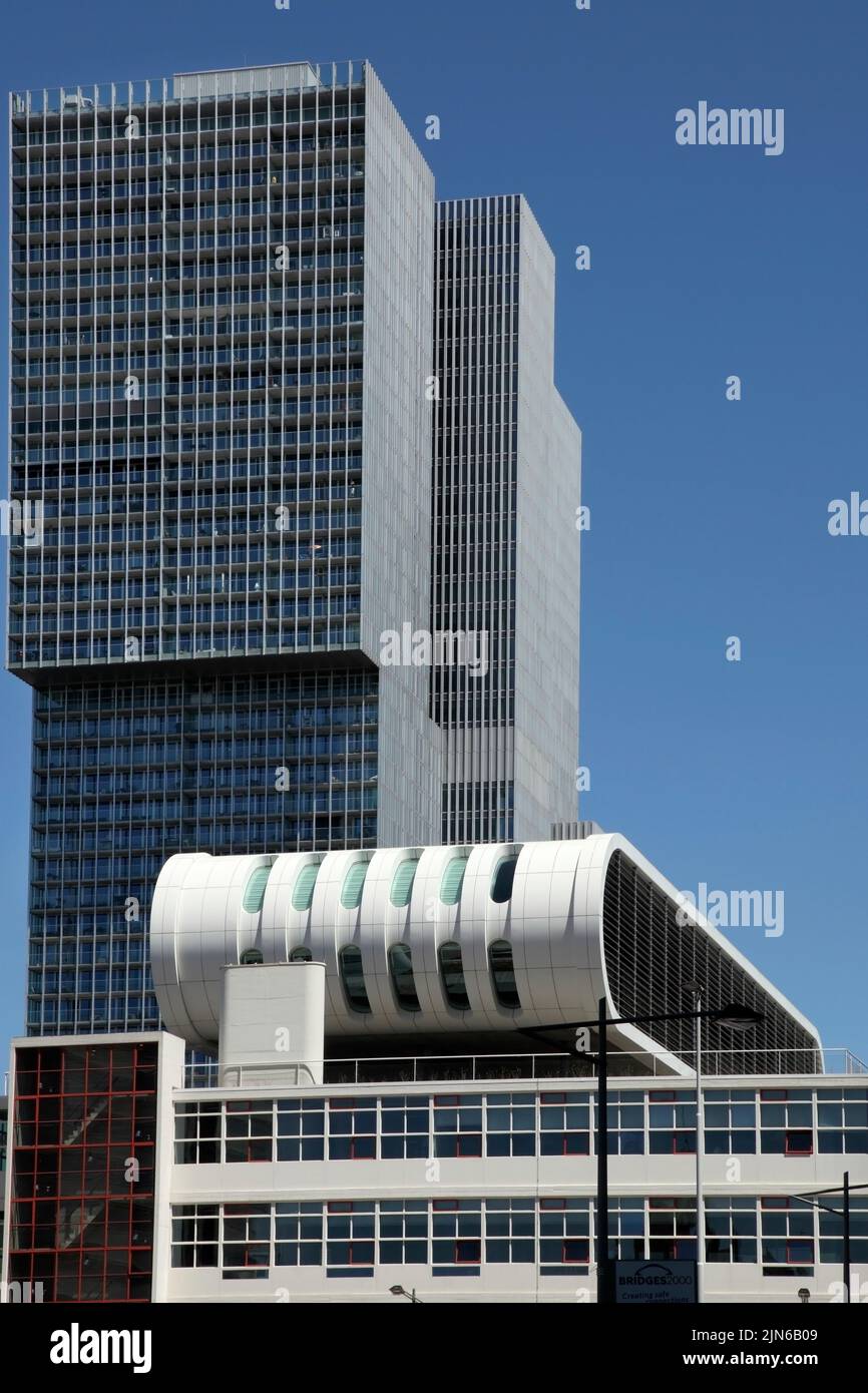The Nederlands Fotomuseum, Erasmusbrug (Erasmus Bridge) and De Rotterdam vertical city, Rotterdam, Netherlands. Stock Photo