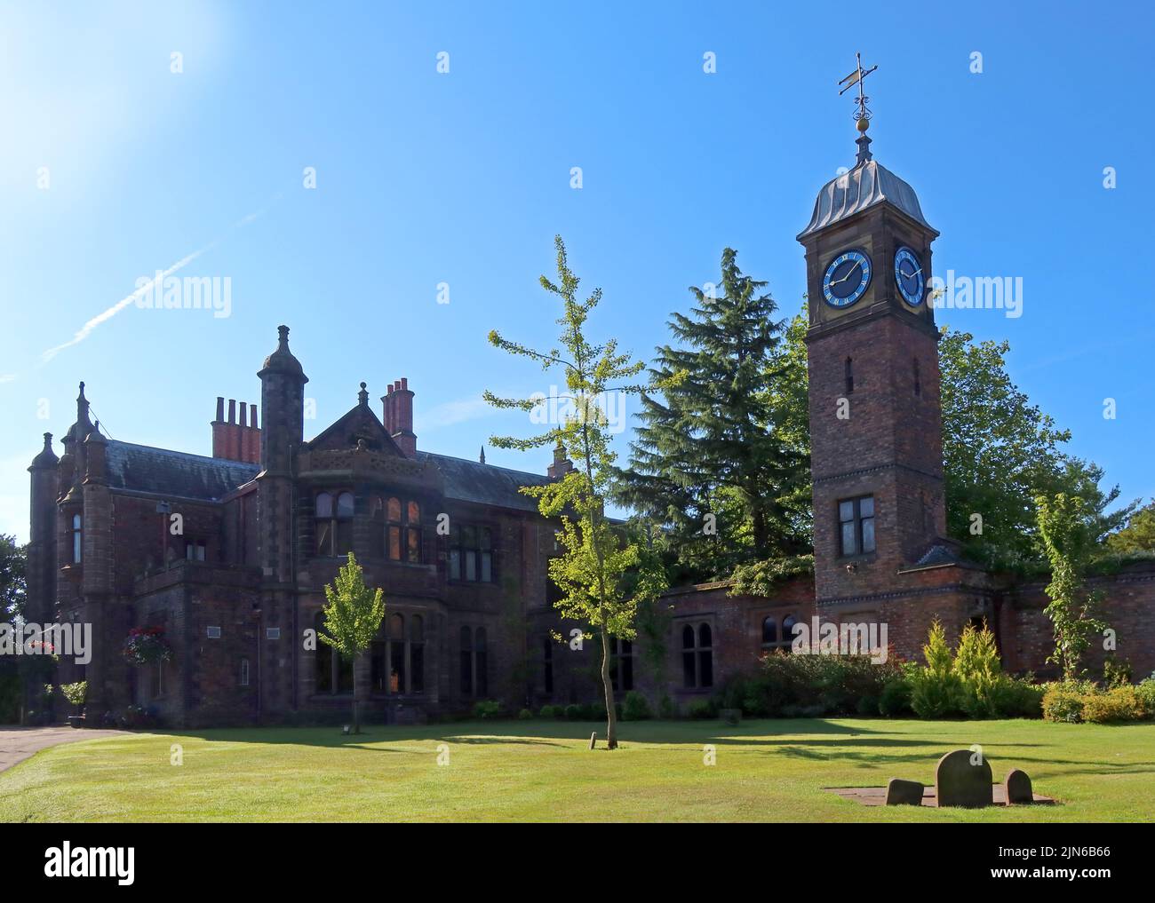 Walton Hall,country house and clocktower, in Walton Gardens park, Warrington, Cheshire,England,UK Stock Photo