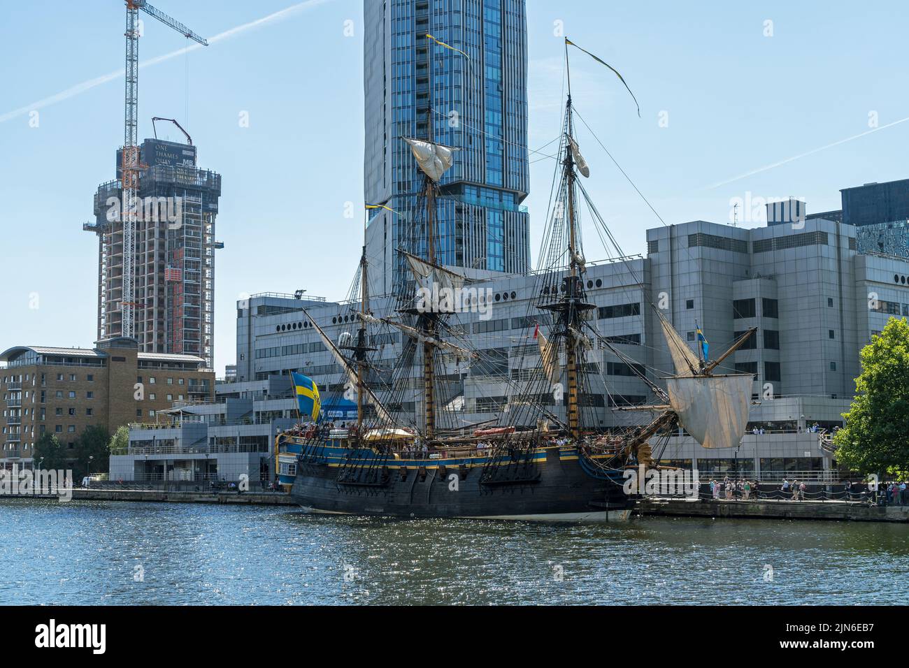 The Götheborg of Sweden, a sailing ship replica of the Swedish East Indiaman Götheborg I. Moored up in docks of Canary Wharf. London - 9th August 2022 Stock Photo
