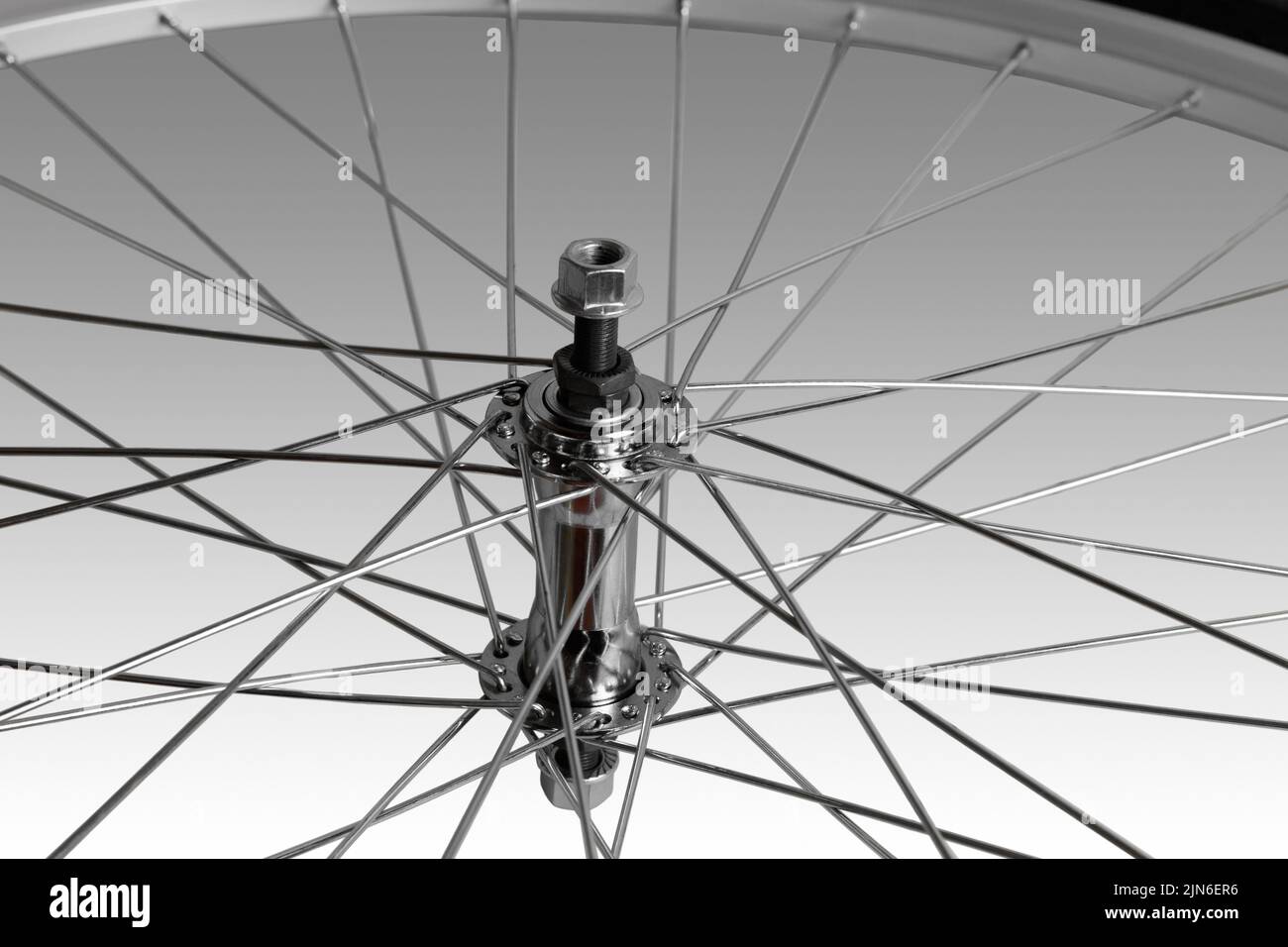 Bicycle wheel hub. Bicycle wheel. Isolated on light gray background. Stock Photo
