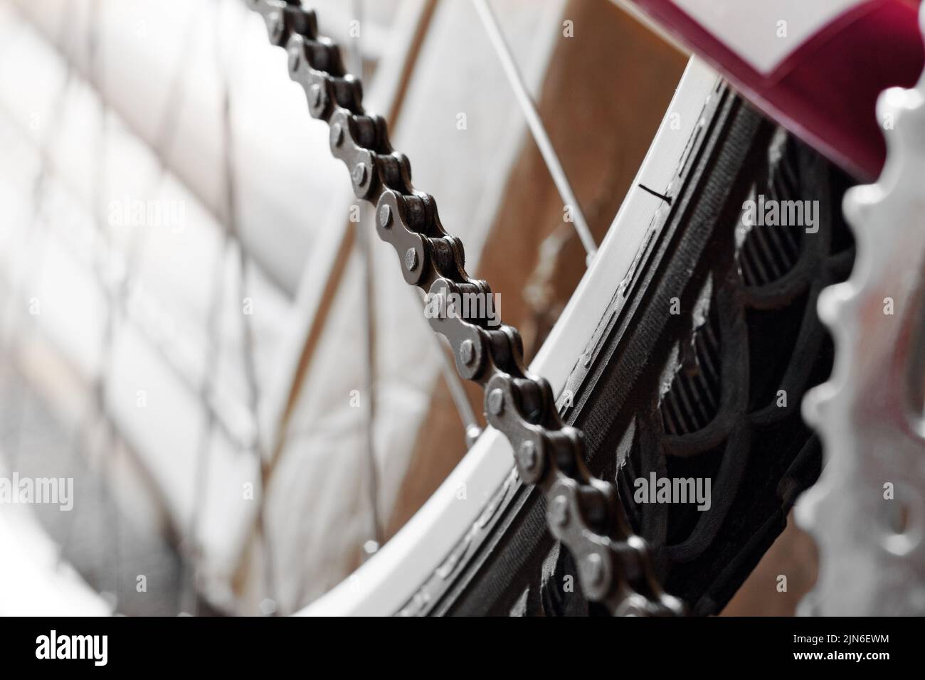 Single speed bike chain. Close-up. On white background. Stock Photo