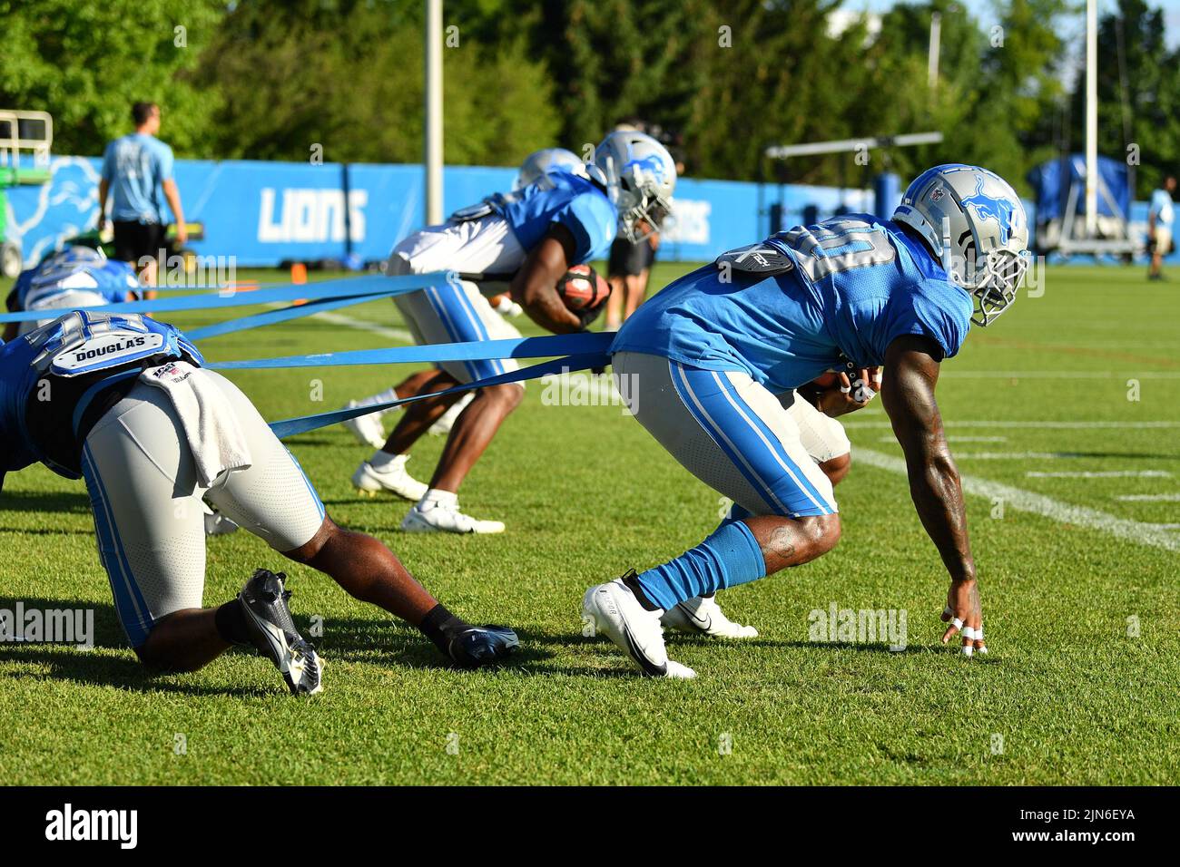 ALLEN PARK, MI - AUGUST 09: The running backs, including Detroit Lions RB Jamaal Williams (30), participate in resistance training during Lions training camp on August 9, 2022 at Detroiit Lions Training Facility in Allen Park, MI (Photo by Allan Dranberg/CSM) Credit: Cal Sport Media/Alamy Live News Stock Photo