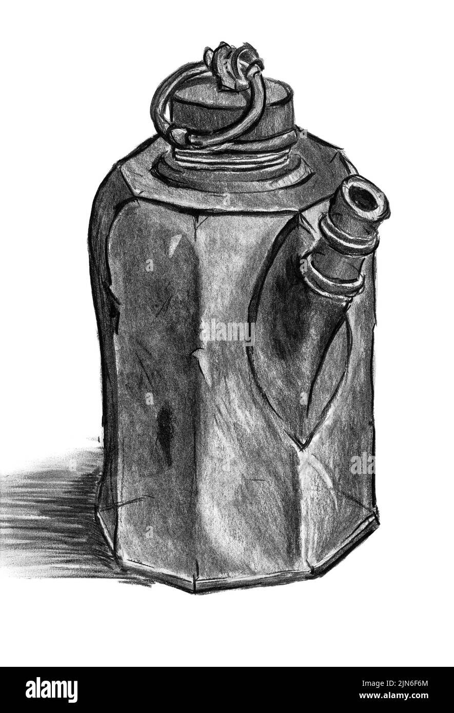 Charcoal drawing showing a old can in white back with shadow Stock Photo