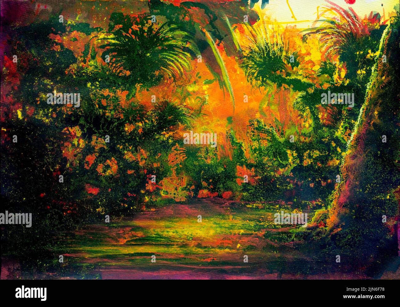 Vivid illuminated colorful jungle vegetation illustration at evening time Stock Photo