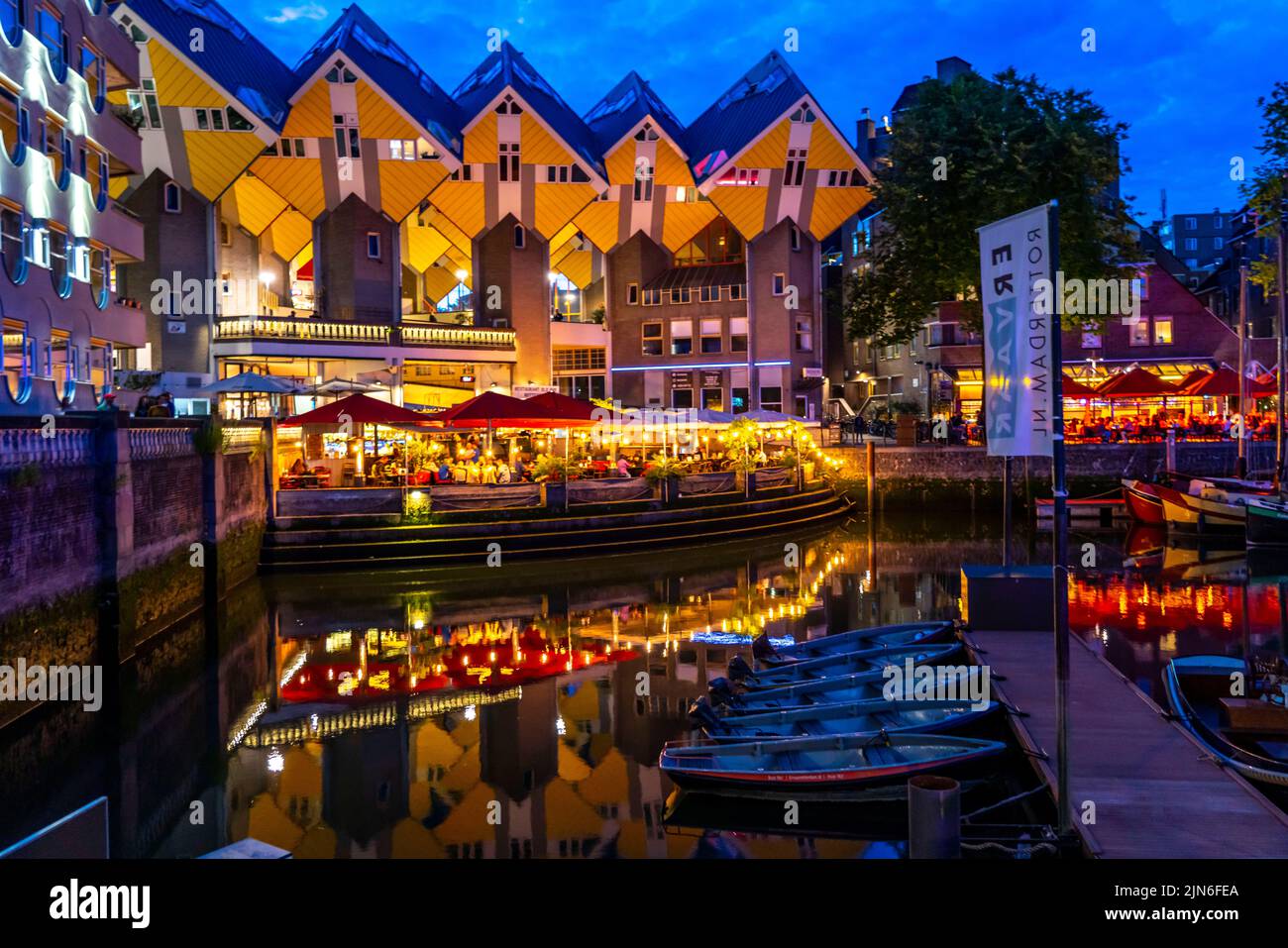 Rotterdam city centre, Oudehaven, historic harbour, historic ships, cube houses, flats, Kijk cube by Dutch architect Piet Blom, Netherlands, Stock Photo
