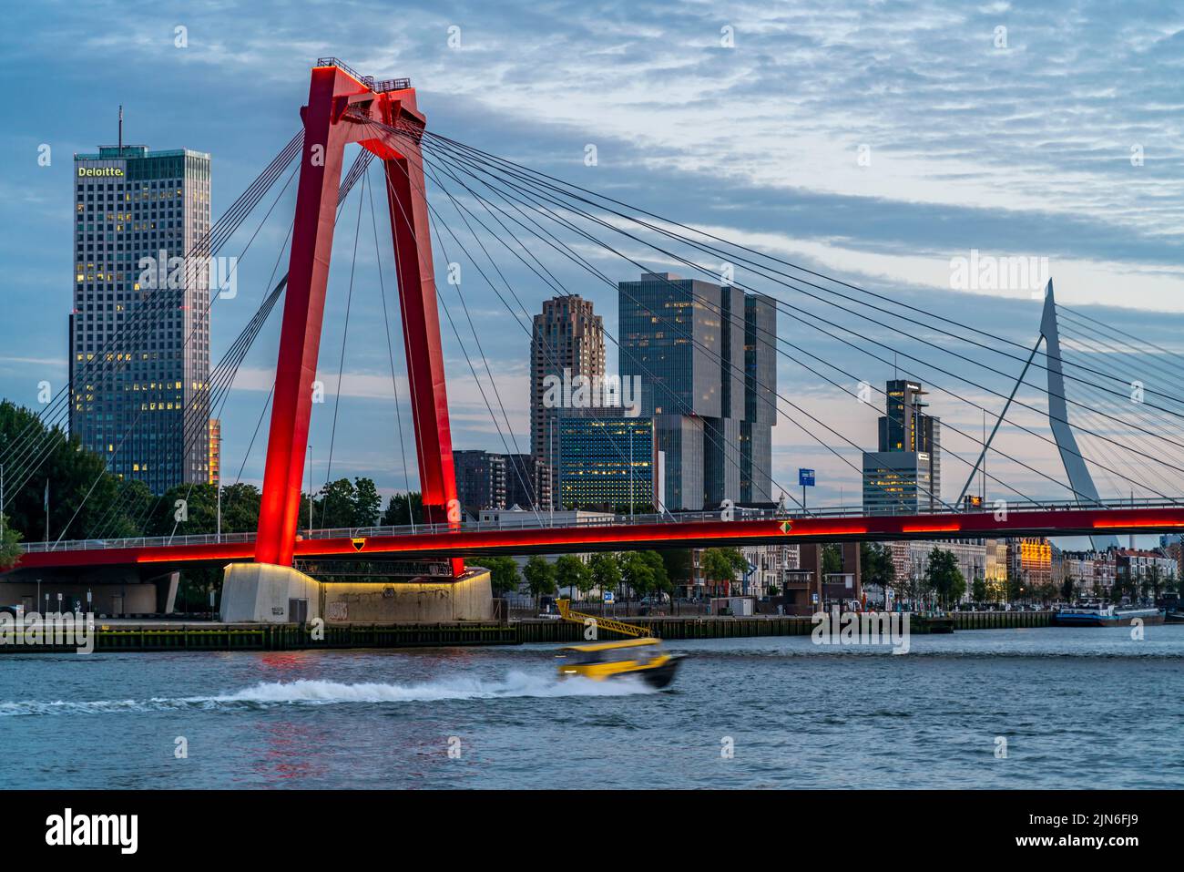 The skyline of Rotterdam, on the Nieuwe Maas, river, skyscrapers, buildings in the city, Netherlands, Willemsbrug, Erasmusbrug in the back, Stock Photo