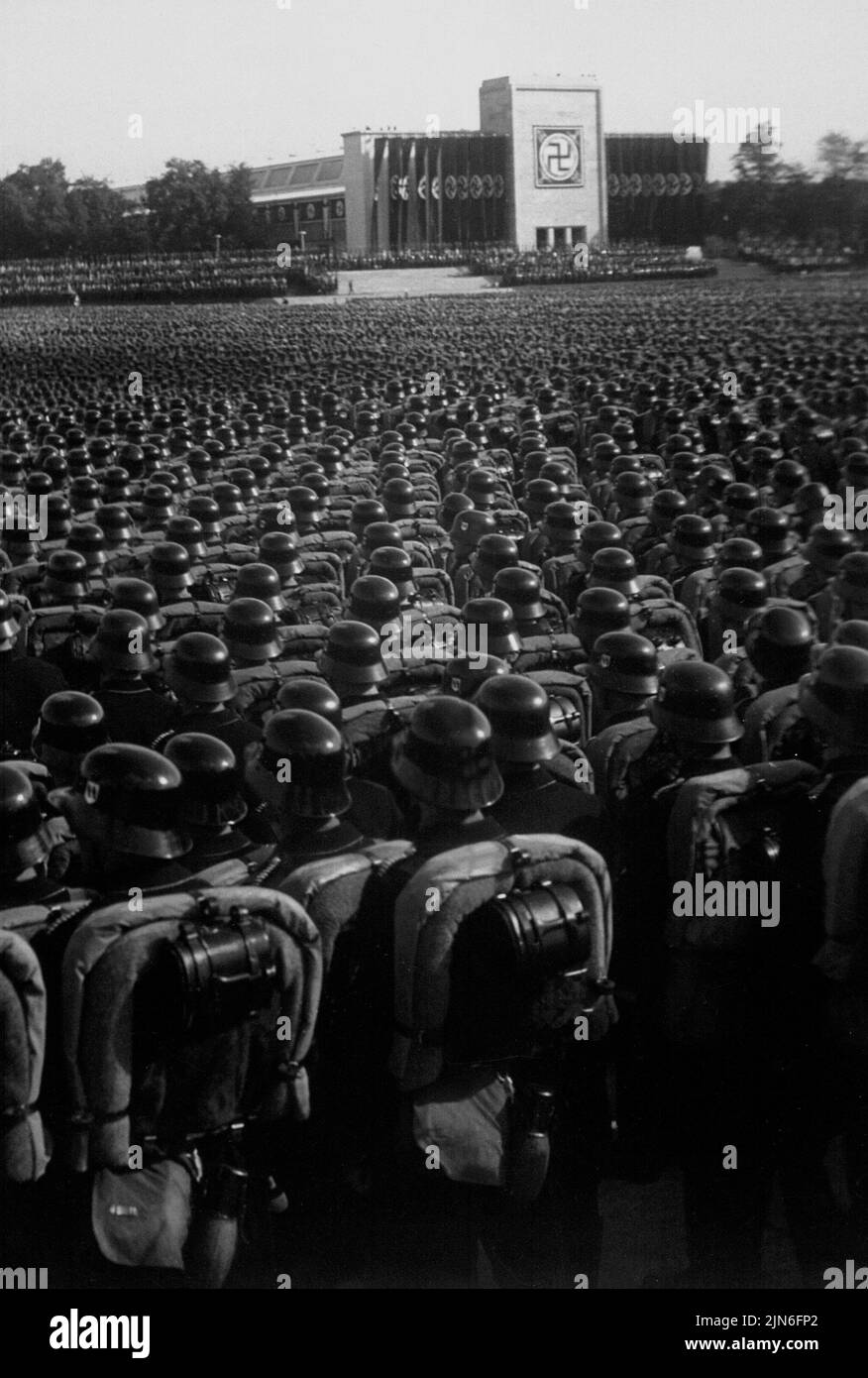 NUREMBURG, GERMANY - 09 November 1935 - Overview of the mass roll call of SA, SS and NSKK troops at Nuremberg, Germany during the rise of the Nazis - Stock Photo