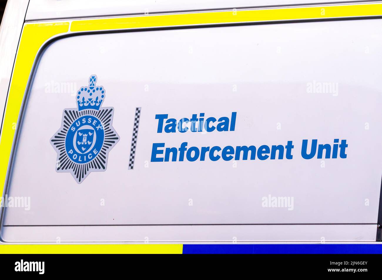 Eastbourne. East Sussex. UK. 5th August 2022. Close up of Sussex Police Tactical Enforcement unit van Logo. Stock Photo
