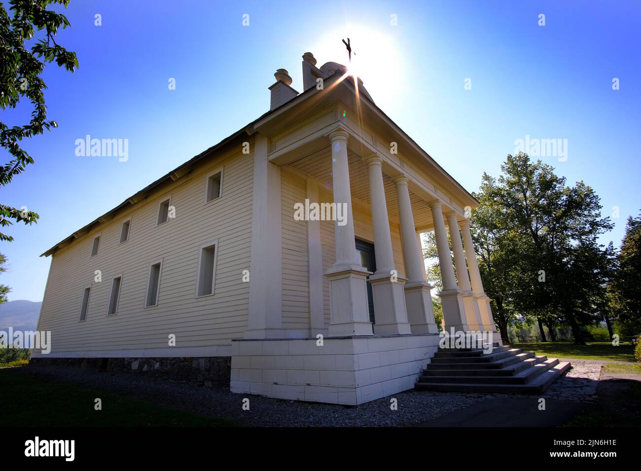 Old Idaho Cataldo Mission Church Building Structure in Northern Idaho Stock Photo