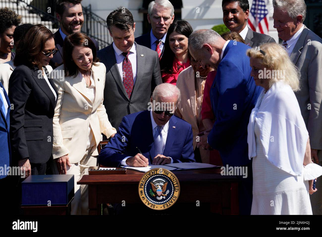 U.S. President Joe Biden signs into law the CHIPS and Science Act during a ceremony on the South Lawn of the White House in Washington on August 9, 2022. Photo by Yuri Gripas/ABACAPRESS.COM Stock Photo