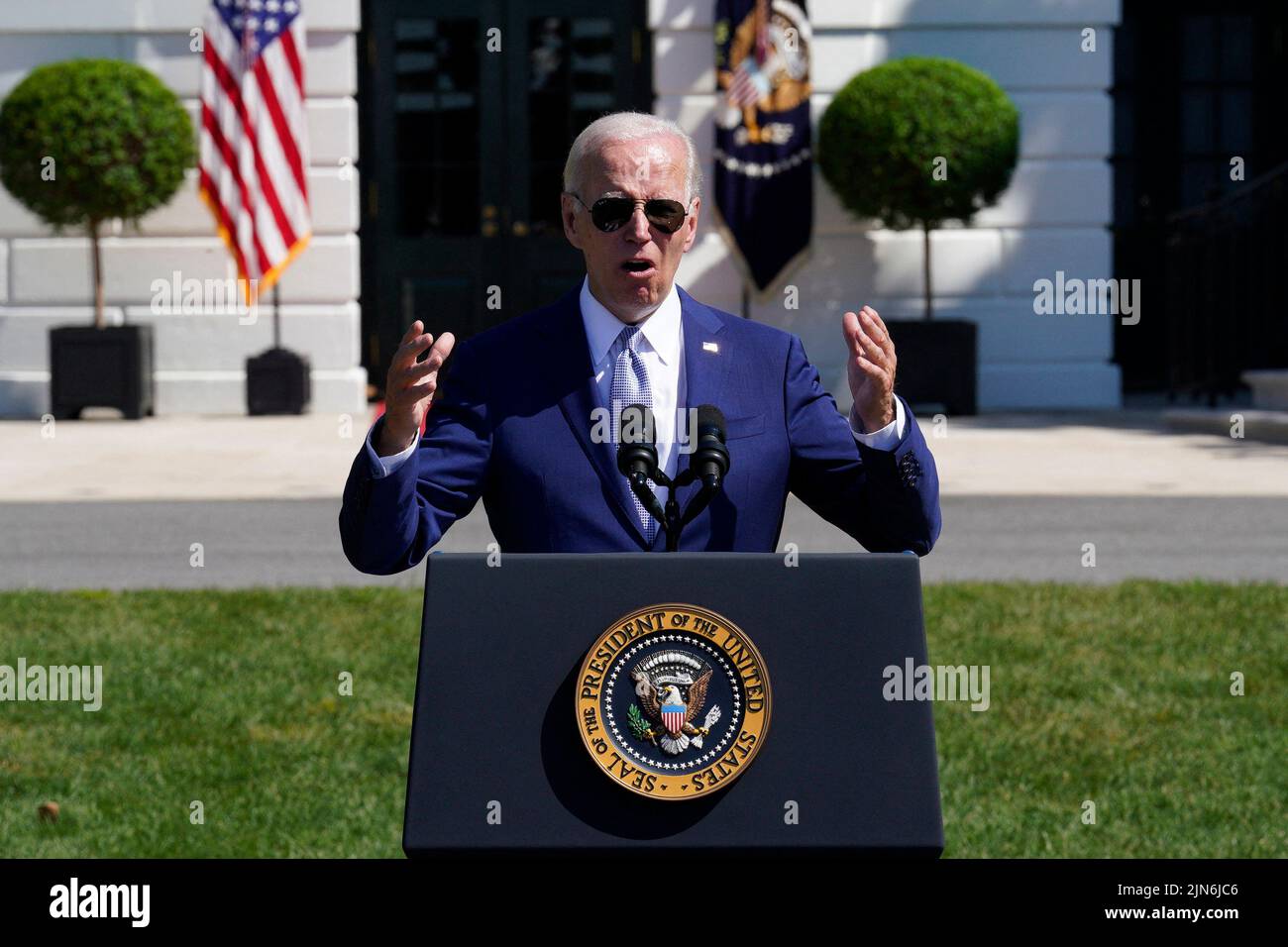 U.S. President Joe Biden delivers remarks and sign into law the CHIPS and Science Act during a ceremony on the South Lawn of the White House in Washington on August 9, 2022. Photo by Yuri Gripas/ABACAPRESS.COM Stock Photo