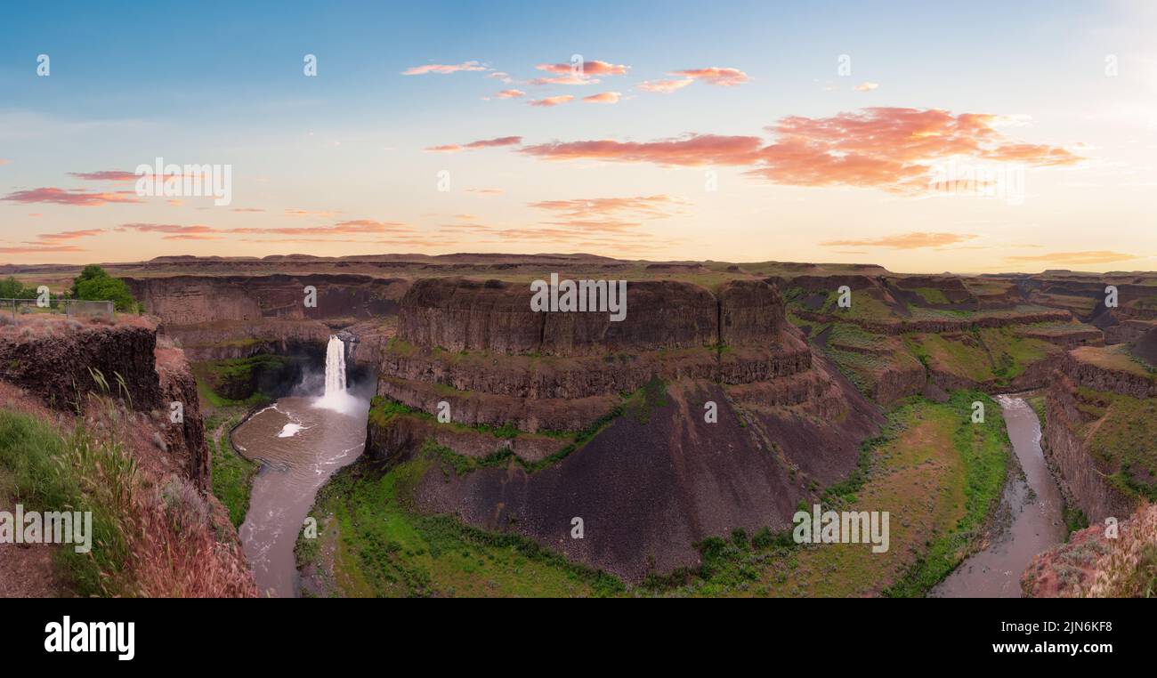 Panoramic View of Waterfall in the American Mountain Landscape. Sunset Sky Stock Photo