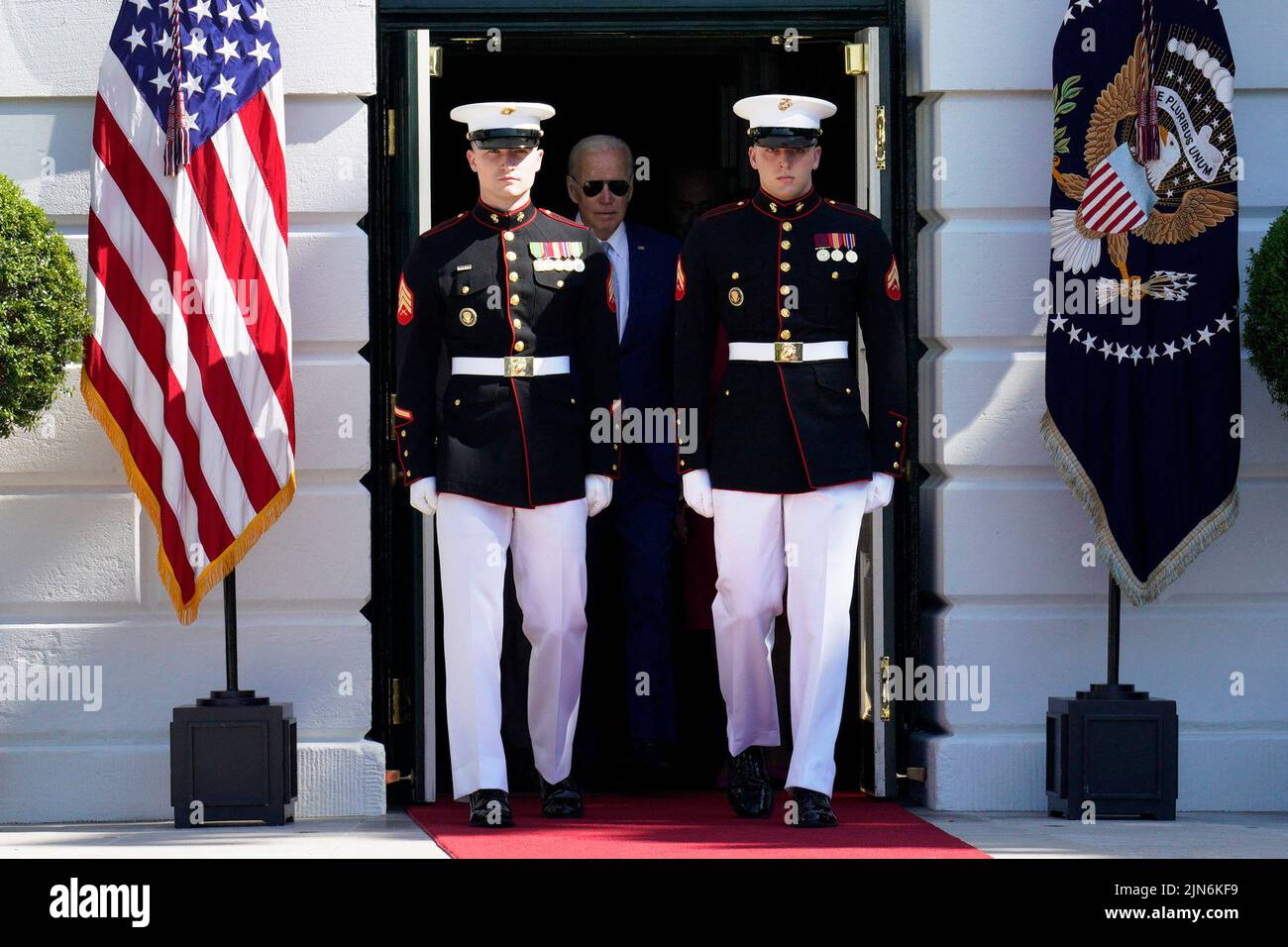 U.S. President Joe Biden walks out behind marines to deliver remarks and sign into law the CHIPS and Science Act during a ceremony on the South Lawn of the White House in Washington on August 9, 2022. Photo by Yuri Gripas/ABACAPRESS.COM Stock Photo