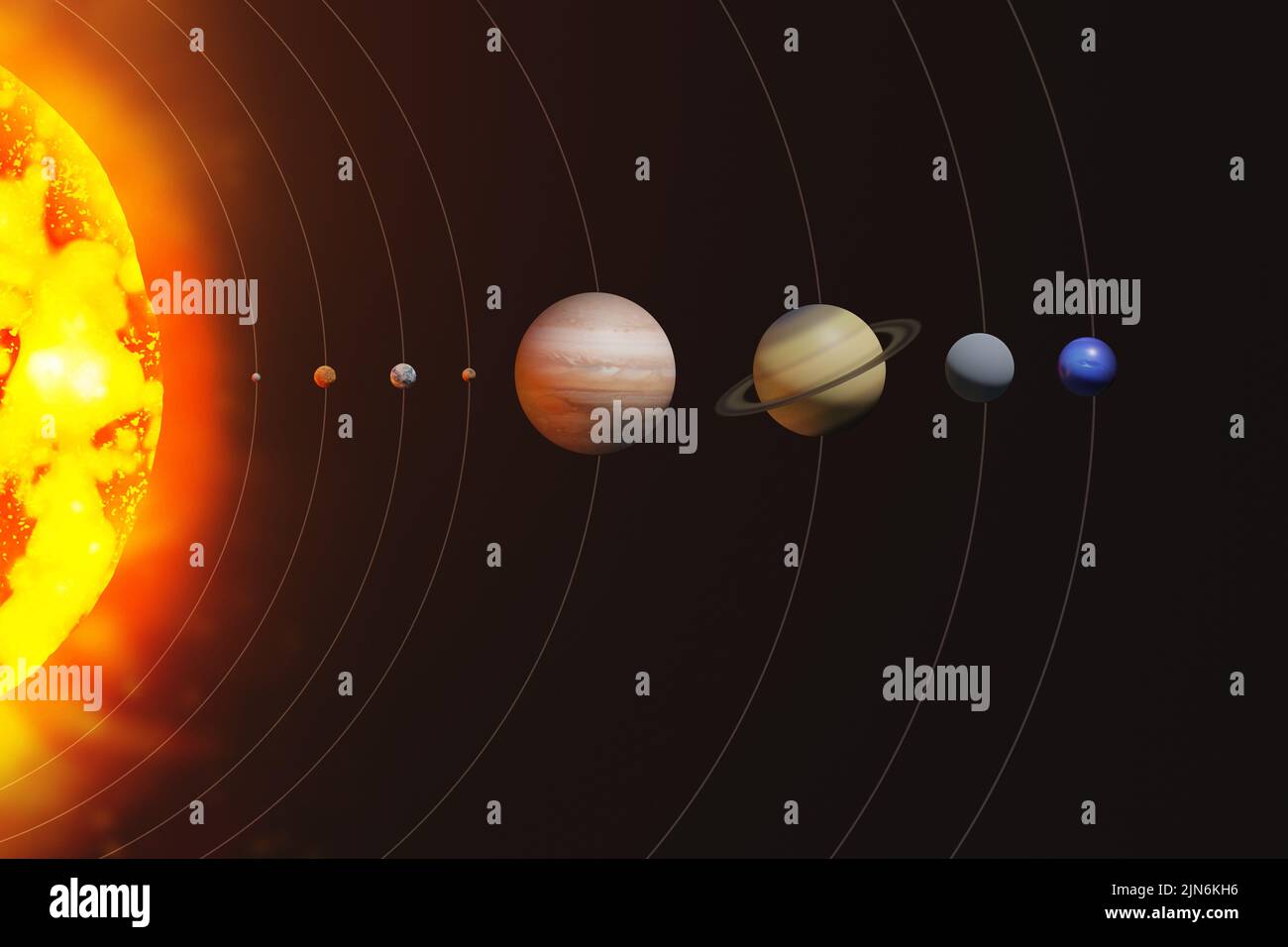 Solar system and planets in outer space. Elements of this image furnished by NASA. 3D render illustration. Stock Photo